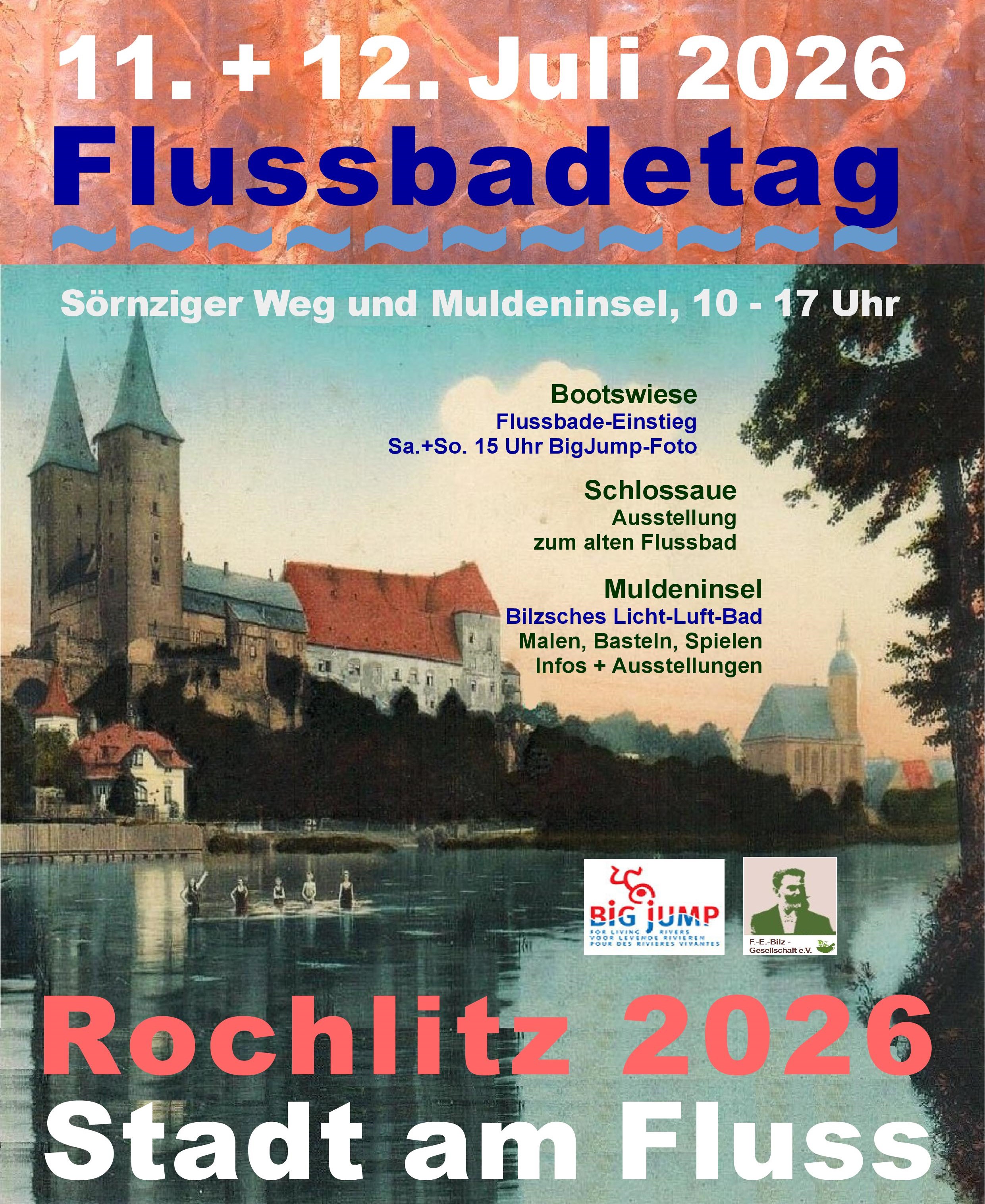 Veranstaltungsplakat zum Flussbadetag in Rochlitz am 11. und 12. Juli 2026 mit historischem Stadtmotiv an der Mulde und Programminformationen zu Flussbaden, Ausstellung und Mitmachangeboten.