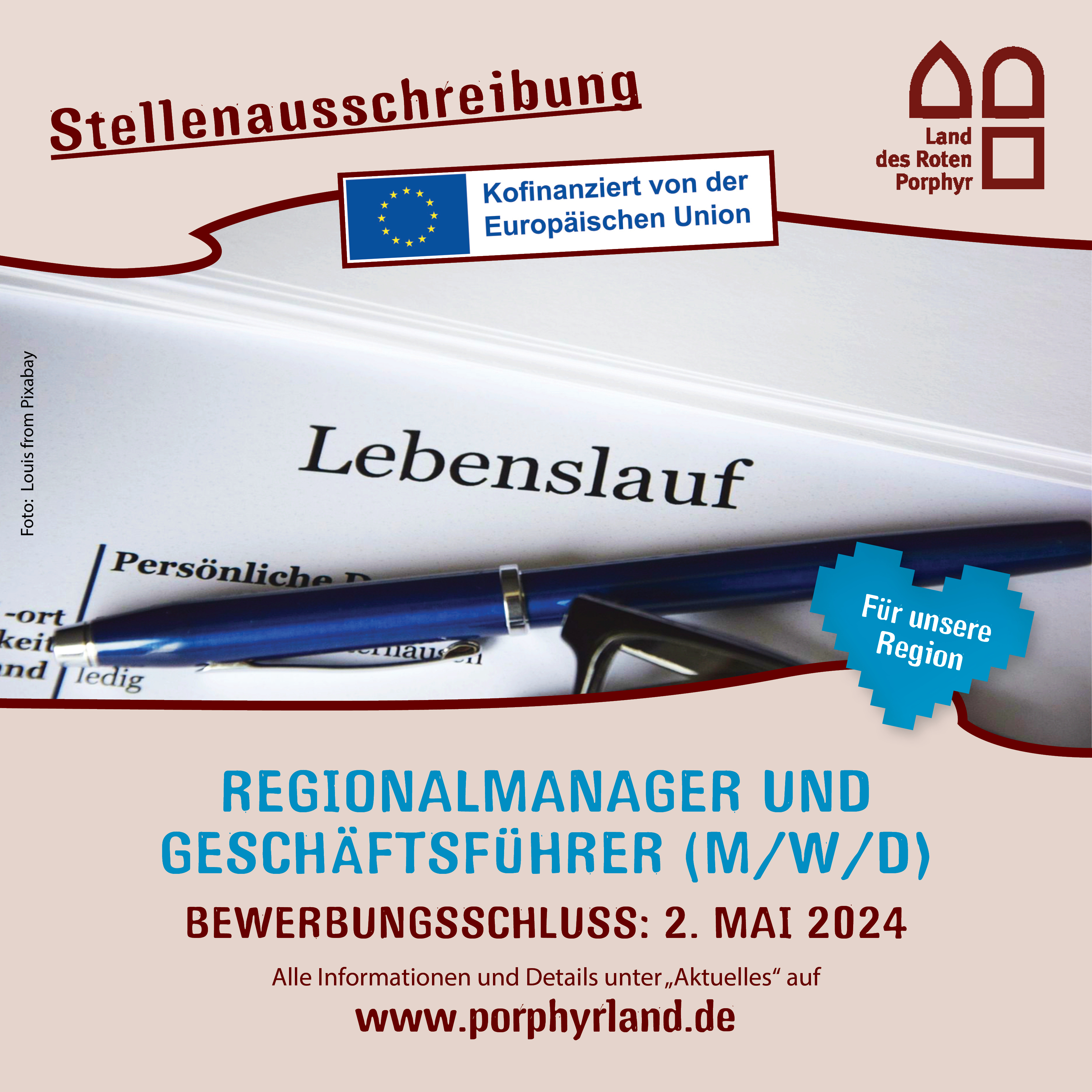 Bewerbungsschluss 2.Mai. Mehr Infos auf www.porphyrland.de