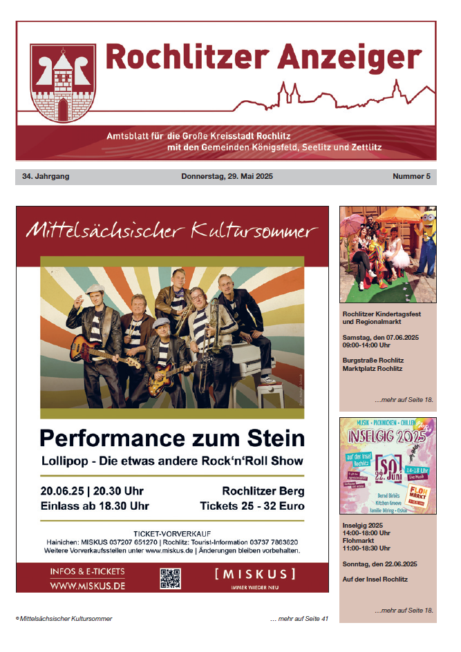 **Alternativtext:**   Titelseite des „Rochlitzer Anzeiger“ vom 24. April 2025 mit einem Foto vom Regionalmarkttag. Kinder des Evangelischen Schulvereins Rochlitzer Land e.V. treten auf dem Markt auf. Bei Klick auf das Bild öffnet sich der Artikel als PDF.