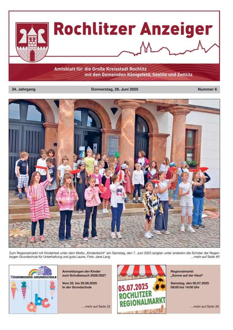 Titelseite des „Rochlitzer Anzeiger“ vom 26. Juni 2025 mit einem Foto vom Regionalmarkt mit Kinderfest. Kinder der Regenbogen-Grundschule treten auf dem Markt auf. Bei Klick auf das Bild öffnet sich der Artikel als PDF.